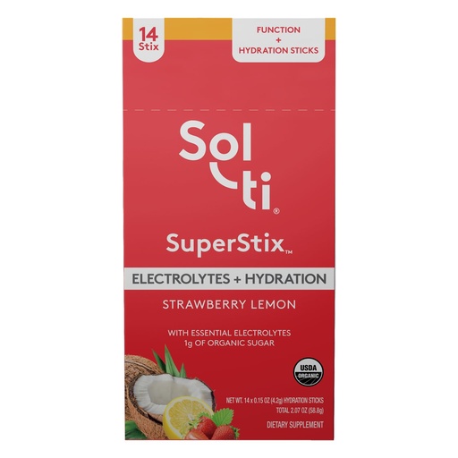 [BRSRA2QFBF7BO3DK] Organic Electrolytes + Hydration Drink Mix, Superfood Hydration Sticks, SuperStix by Sol-ti, Non-GMO, Vegan, Strawberry Lemon, 14 Single-Serving Sticks