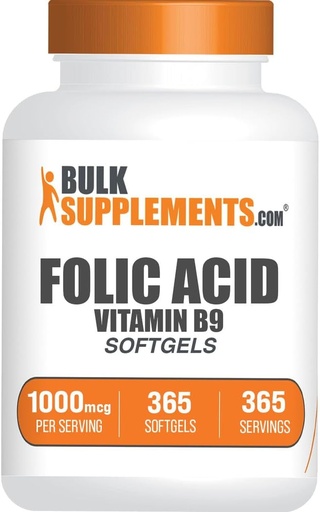 [BRSROFQPOV5A2GYU] BulkSupplements.com Folic Acid Softgels - Vitamina B9, Folic Acid 1000 mcg, Folate Supplement - Gluten Free, 1 Softgel por Serving, 365 Cuenta (Pack of 1)