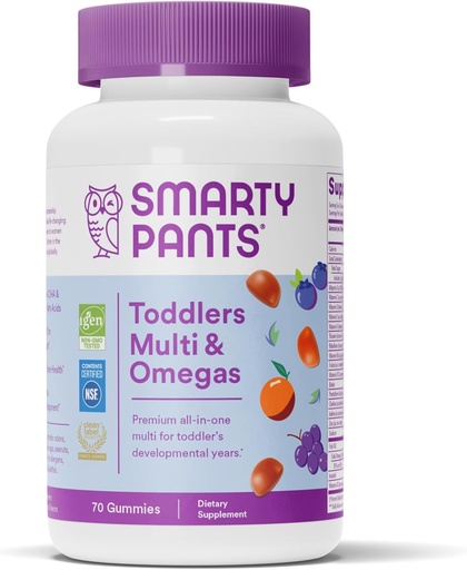 [BRSW2EITAAFBQEL7] SmartyPants Toddler Multivitamin Gummies: Omega 3 Fish Oil (EPA/DHA), Vitamin D3, C, Vitamin B12, B6, A, K & Zinc, Biotin, Beta Carotene, Gluten Free, Three Fruit Flavors, 70 Count (23 Day Supply)