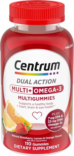 [BRSWYCY2OAGQG3DK] Centrum MultiGummies Multi+ Omega 3 Hành động Dual, Multivitamin trưởng thành, Multivitamin/Multimineral/Omega 3 Phụ bổ sung, dâu tây/ cừu/ Orange Flavors - 110 Count
