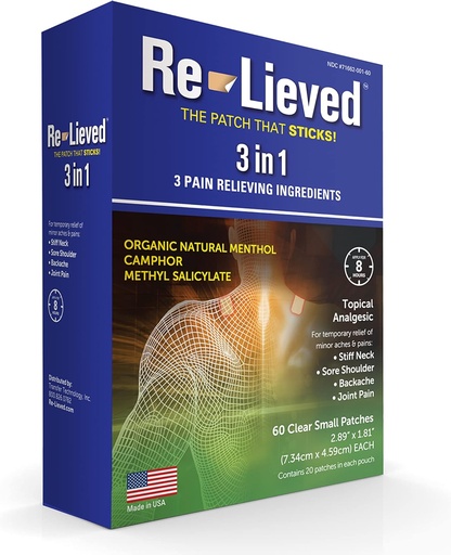 [BRSWYBD4OEGWOGQ3] Re-lieved 3-in-1 Patches — Organic Natural Menthol, Camphor and Methyl Salicylate — Superior Sticking Clear Pain Patch — Aluminum-Free, Water Resistant and USA Made — 60 Count