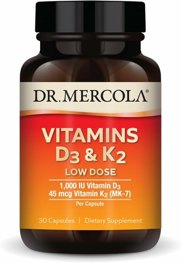 [BRSROY34CQGQEE37] Dr Mercola Vitamines D3 et K2 Faible dose - Maintenir les niveaux de vitamine D - Soutient la santé immunitaire et osseuse - MenaQ7 Pois chiches K2 - Non-OGM, sans gluten et sans soja - 30 capsules (30 portions)