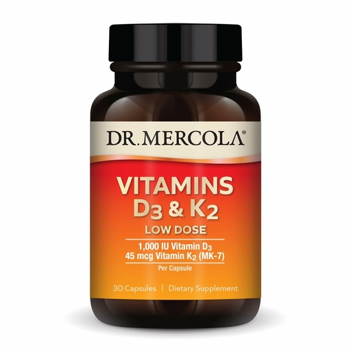 [BRSROY34CQGQEE37] Dr. Mercola Vitamins D3 & K2 Low Dose - Maintain Vitamin D Levels - Supports Immune & Bone Health - MenaQ7 Chickpea-Sourced K2 - Non-GMO, Gluten-Free & Soy-Free - 30 Capsules (30 Servings)