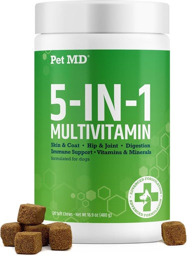 [BRSROC32BEMWOFDG] Pet MD 5in1 Dog Multivitamin - 30 Essential Vitamins, Minerals & Nutrients for Skin & Coat, Hip & Joint, Digestion, Senior Dog & Puppy Vitamins - Glucosamine, Omega 3 6 9, & Probiotics - 60ct