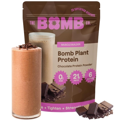 [BRSRAFD5B4NBSHLG] The Bomb Co. Bomb Plant Protein, Protein Powder with 21g Protein, Amino Acids, Zero Sugar, Pea Protein, Cocoa, Chia Seeds, Pumpkin Seeds, Vanilla & Monk Fruit, Gluten Free, Chocolate Flavor, 20 Srvgs