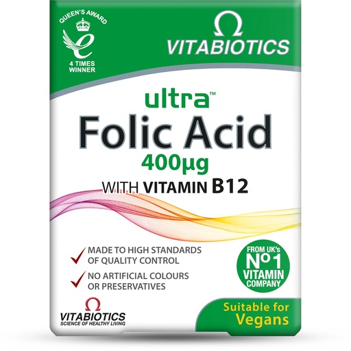 [BRSWKHDRCEAB22I5] Vitabiotics Ultra Folic Acid 400ug with Vitamin B12. 60 Tablets