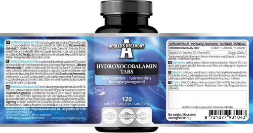 [BRSRAGALDMHB4AIY] Hydroxocobalamin 100 μg per portion - Vitamin B12-120 Vegan tabletter - 480 portioner - stöder nervsystemet och minskar trötthet - Kosttillskott av Apollo Hegemony