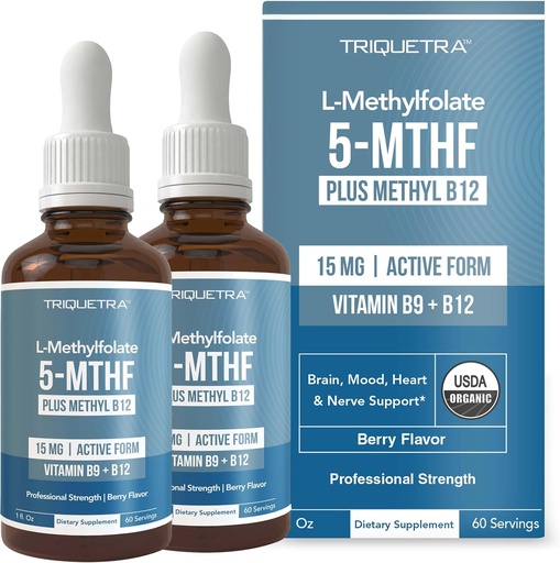 [BRSRMBT3OQBAKAI4] L Methyl Folate 15mg Plus Methyl B12 Cofactor – Organic, Berry Flavor, Professional Strength, Liquid Sublingual, Active 5-MTHF Form - Supports Mood, Homocysteine Methylation, Cognition (1oz -2 Pack)