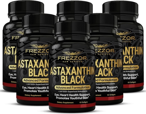 [BRSWYFA6AR6WK33O] FREZZOR Astaxanthin Black with UAF1000+ Super Antioxidant, Supports Heart, Eye & Brain Health, Anti-Aging Skincare & Cellular Protection, 12mg Astaxanthin per Serve, 360 Softgels, 6 Month Supply