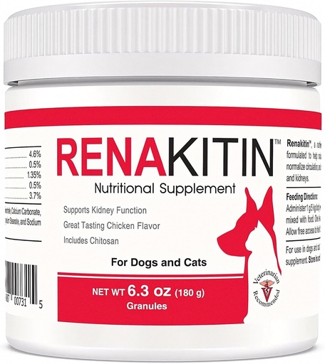 [BRSWKHDZBQFAIEDG] Renakitin Kidney Supplements for Dogs Cats - Contains Chitosan & Calcium Carbonate, Support Optimal Kidney Function, Great Tasting Chicken Flavor, 6.3 oz