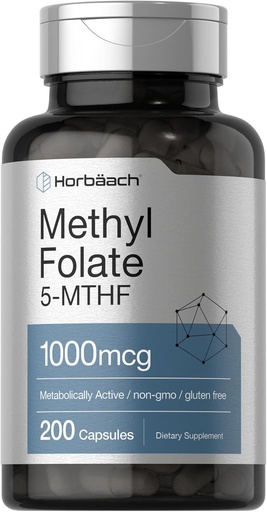 [BRSWGBAYOBYAYD35] Horbäach Methyl Folate Supplement 1000 mcg 200 капсули 5MTHF Фолієва кислота Non-GMO, клейковина Безкоштовна метилфолат