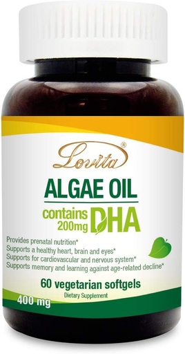 [BRSWG2YFOJ5R4ALV] Aceite de Lovita Algae, DHA de base vegetal Alternativa al aceite de pescado, Omega Vegan 3 con DHA 200 mg, 60 Softgeles vegetarianos