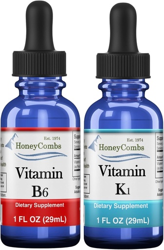 [BRSRAHYHDMCRU3LA] هوني كومبس فيتامين B6 " K1 إسقاطات - مقتطفات من طراز Liquid Pyridoxine " Vitamin K Extracts for Vegan, Supports Overall Health, Non-GMO Vitamin Liquid Extract, 1 fl oz eachoz