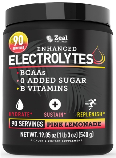 [BRSRMHQNOINQ423L] Zeal Electrolyte Powder - 90 Servings | Keto Electrolytes Powder | Zero Sugar, BCAAs, B-Vitamins | Potassium, Zinc, Magnesium | Hydration Powder Recovery Drink | Pink Lemonade