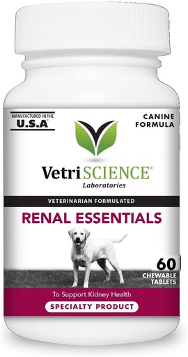 [BRSWKFQGBR5WMGAZ] VetriScience Kidney Health Chewable Tablets for Dogs - Renal Essentials Support Supplement with Astragalus, Rehmannia, Nettle Seed & Cordyceps, Urinary & Renal Support, Smoke Flavor, 60 Ct