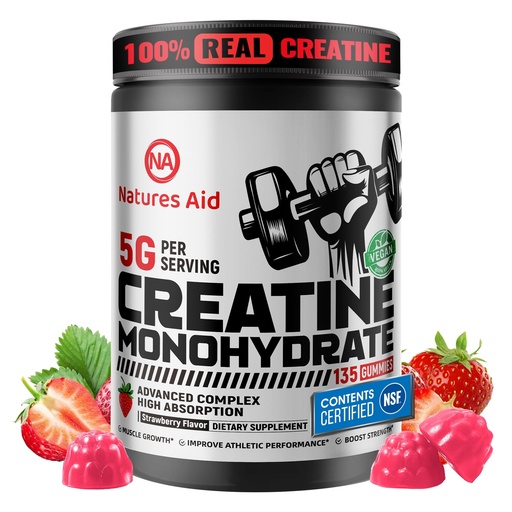 [BRSREYIDA4PQAYD3] Natures Aid NSF Certified Creatine Gummy 5g - Creatine Monohydrate Gummies – Pre-Workout Energy & Muscle Growth Support for Men & Women | Strawberry Electrolyte Gummies (135 Count)