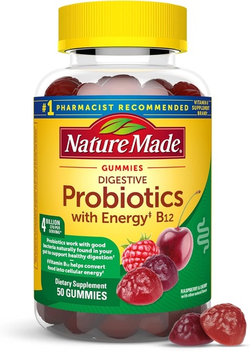 [BRSWEC37OIMRO2DZ] Nature Made Digestive Probiotics and Energy B12 Gummies, Probiotics for Women and Men, 50 Probiotic Gummies, 25 Day Supply