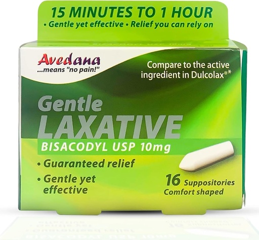 [BRSWYAT3OYNAADTD] AVEDANA Bisacodyl Laxative Suppository | USP 10mg for Fast, Gentle Constipation Relief | Comfort-Shaped, Pack of 16 Suppositories