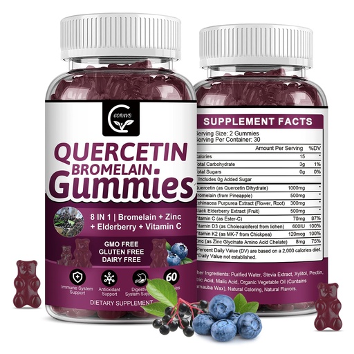 [BRSRAAT3BYIRO3Y6] Quercetin Gummies with Bromelain 2378mg - Blend with Elderberry, Echinacea Purpurea Extract, Zinc, Vitamin C,D3,K2, Complex Supports Immune, Cardiovascular & Respiratory, Vegan Gummy for Adult & Kid