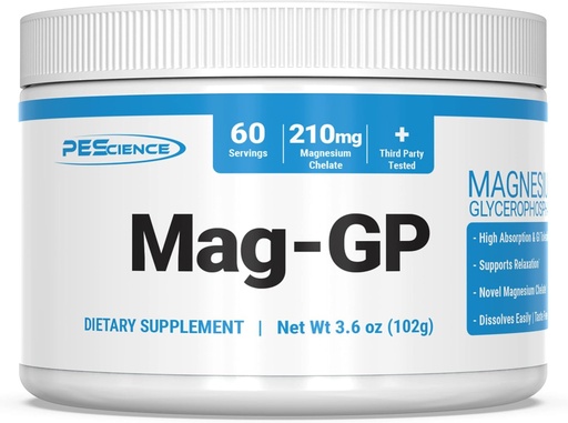 [BRSW2AIDOAHGK33Z] PEScience Mag-GP, Magneesium Glütserofosfaadi pulber, 60 serveerimist, kõrge imendumine, parem uni, rahunemine, stressi leevendamine ja krampide toetamine meestele ja naistele