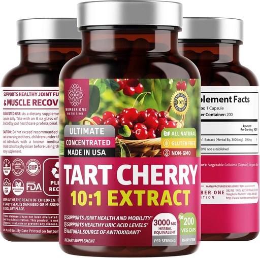 [BRSWYZ35PMHBUAIY] N1N Premium Tart Cherry Extract Capsules, 200 Veg Caps, 3000 mg, Güçlü Antioksi, Ortak Sağlık ve Hareketlilik, Non-GMO, Gluten Free, 200 Veggie Caps