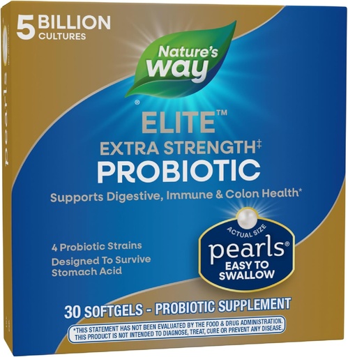 [BRSWIYIFOABGACT4] Nature's Way Elite Extra Strength Probiotic Pearls for Men and Women, Supports Digestive, Immune, Colon Health*, 5 Billion Live Cultures, No Refrigeration Required, 30 Softgels