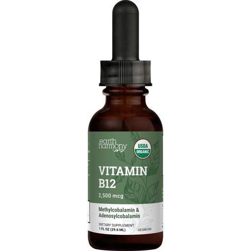 [BRSWGBDRBAAR6G3K] Earth Harmony Naturals Organic Vegan Vitamin B12 Sublingual Liquid Supplement - 2500mcg Methylcobalamin Drops for Natural Energy, Metabolism Health and Immune System Support - 1 Fl Oz