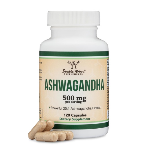 [BRSROGAKBYGQGD3K] Ashwagandha Capsules, 120 Count (500mg Extract 20:1 Potency) Adaptogen Stress Relief by Double Wood
