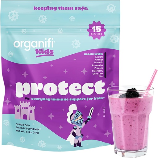 [BRSRAYY2B4MWE3DD] Organifi Kids: Beskytt - Daglig immunstøtte for barn med eldrebær, Acerola Cherry og sink - Berry Flavored Immunity Powder - Plantebasert, Vegansk og Ingen Gluten, Dairy eller Soja - 15 Serveringer
