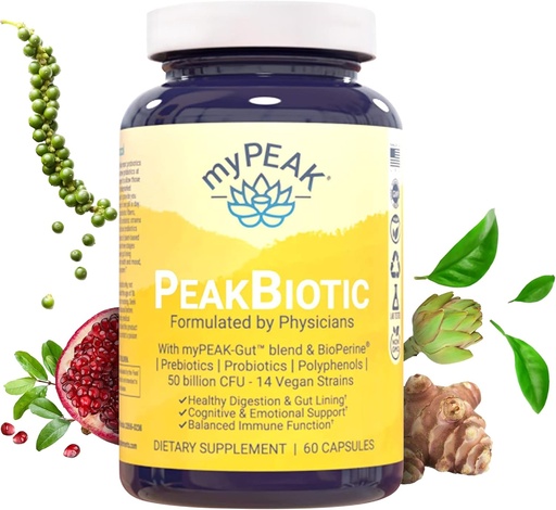 [BRSWYHAFAAMBSG3V] myPEAK PeakBiotic: The Ultimate Vegan Synbiotic with 50 Billion CFU Probiotics Prebiotics Postbiotics Modbiotics and Gut Lining to Enhance Digestion, Skin, and Mood with 2-Month Supply, 60 Capsules