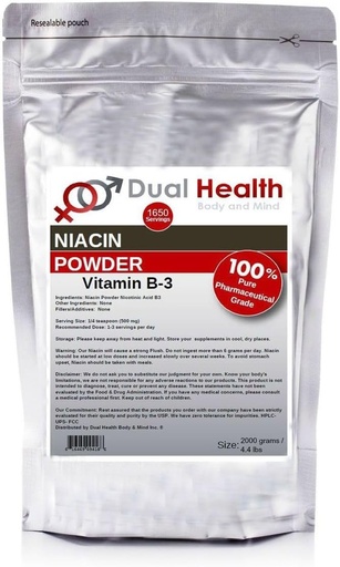 [BRSWKYLRO5YWC33G] Niacin Powder (4.4 lbs - 2 kilograms) Vitamin B3 Bulk Supplement Immediate Release Niacin with Flush Nicotinic Acid Non-GMO, Vegan, Gluten Free Fast Absorption No GMOs, Fillers, Additives, Metals