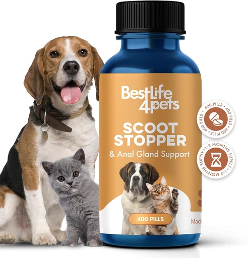 [BRSROHA7OIFQO2TL] Scoot Stopper pour chiens et chats – Supplément de soutien naturel à l'anal Gland et digestif pour le scooting, la cohérence des tabourets, la constipation, les accidents intérieurs et les cacahuètes difficiles – 400 pilules sans odorat
