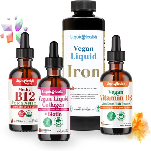 [BRSRAYYBOB5GACL5] LIQUIDHEALTH Vegan Daily Essentials Vitamin Starter Kit s organickým methyl B12 Drops, Vegan tekutý kolagen + Biotin, tekuté železo, Vitamin D3 D3 Drops - 100% Plant- Based vitamínové doplňky, Made in USA