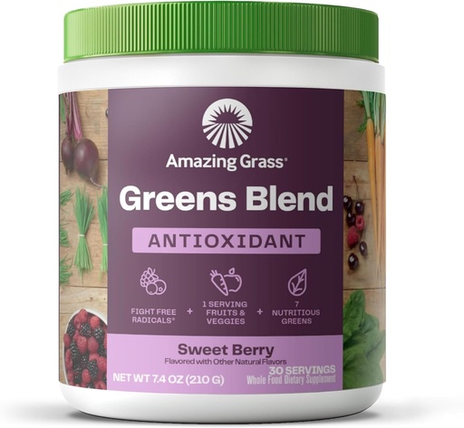 [BRSWIZQ5BEGWG3AV] Amazing Grass Greens Blend Antioxidant: Super Greens Powder Smoothie Mix with Organic Spirulina, Beet Root Powder, Elderberry, Bilberry, Prebioitics " Probiotics, Sweet Berry, 30 Servings (Packaging May Vary)