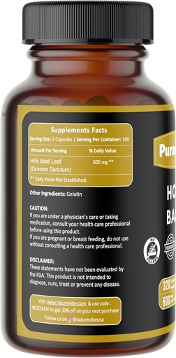 [BRSROFIRAACA43DH] Holy Basil Premium 320 Capsules Non GMO and Gluten Free | Herbal Supplement | 600 mg Per Serving | Made with 100% Pure Herb Holy Basil Leaf