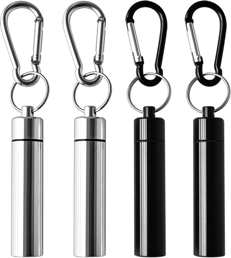 [BRSRMZYNCMARQ3DB] 4 Pack Caja de Píldora Portátil Caja de Contenedor Aluminio Aleación Keychain Pill Holder Waterproof Metal Earplugs Toothpick Box for Outdoor Camping Travel (2Pcs Black + 2Pcs Silver)