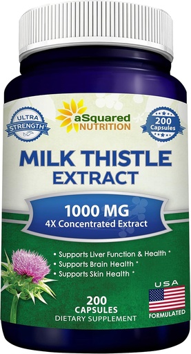 [BRSWKFIYCZYBCA3I] aSquared Nutrition Milk Thistle Supplement 1000mg-200 Capsules,Max Strength 4X Concentrated Extract 4:1 Milk Thistle Seed Powder Herb Pills, 1000 mg Silymarin Extract for Liver Support, Cleanse, Detox