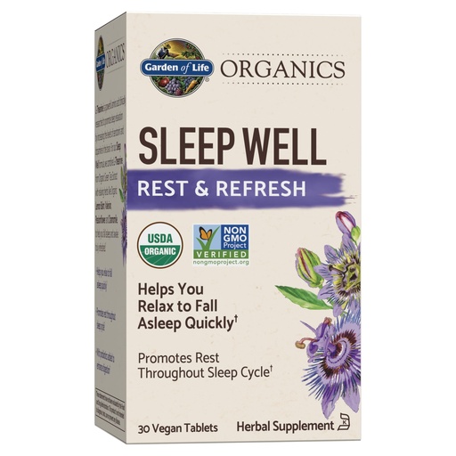 [BRSWGFL3B4FRSFI6] Garden of Life Organics Sleep Well Rest & Refresh Tablets with Lemon Balm, Green Tea Extract, Chamomile & Probiotics – Support for Restful Sleep & Relaxation, Non-GMO, Gluten-Free, Vegan, 30 Tablets