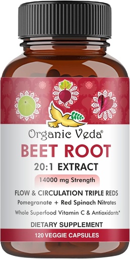 [BRSW2BAHDIGQKDTK] Organic Veda Beet Root Capsules - Triple Reds Nitric Oxide Beets Supplements - Concentrated Nitrates and Vitamin C Blend of Beet Root Extract, Red Spinach, Pomegranate, Black Pepper - 120 Capsules
