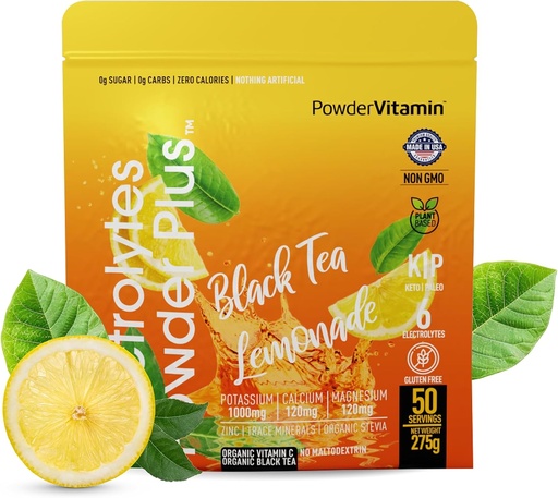 [BRSRAFIDDEMRS2TO] Elektrolytes Toz Plus (50 Hizmetler) Black Tea Lemonade Electrolyte Toz Zero Calorie Keto,0 Şeker, No Maltodextrin,1000 mg Pyum,120 mg Kalsiyum,120mg, Magnezyum, Hydration Toz