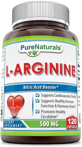 [BRSWGEIEBABRQFA6] Pure Naturals L-Arginine 500 Mg Capsules, Supports Cardiovascular Health, Supports Healthy Immune Function & Hormone Health, Promotes Healthy Circulation (120)