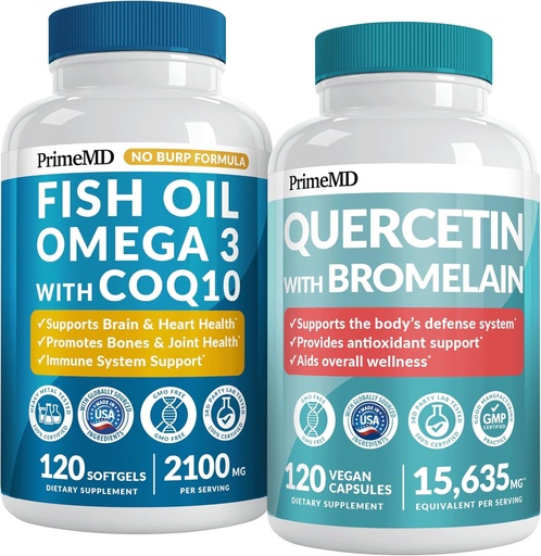 [BRSRAAIYOB4A4EQ3] 4-in-1 Fish Oil Omega 3 Supplements (2100mg) - Omega 3 Fish Oil with Vitamins D3 & K2 and CoQ10 & 28-in-1 Quercetin with Bromelain Supplement for Daily Immune Defense Support (120ct)