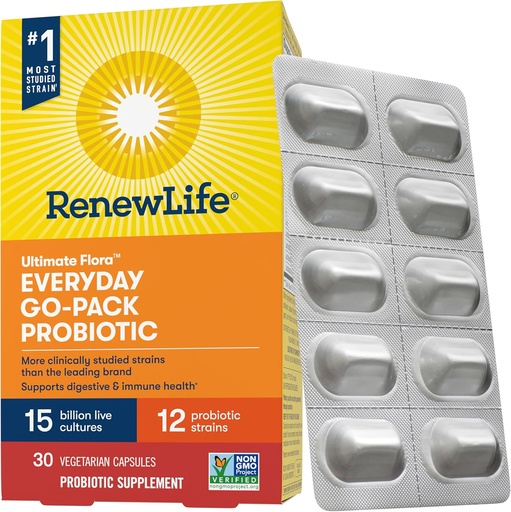 [BRSWIZI7AQFQOFLK] Renew Life Everyday Go-Pack Probiotic Capsules, Daily Supplement Supports Urinary, Digestive and Immune Health, L. Rhamnosus GG, Dairy, Soy and gluten-free, 15 Billion CFU, 30 Count