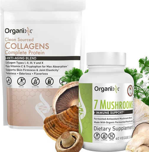 [BRSRAZQPAR6RQYA7] Organixx Clean Sourced Collagen Powder, Unflavored, 20 Servings & Organic Mushroom Supplement (60 Vegetarian Capsule)