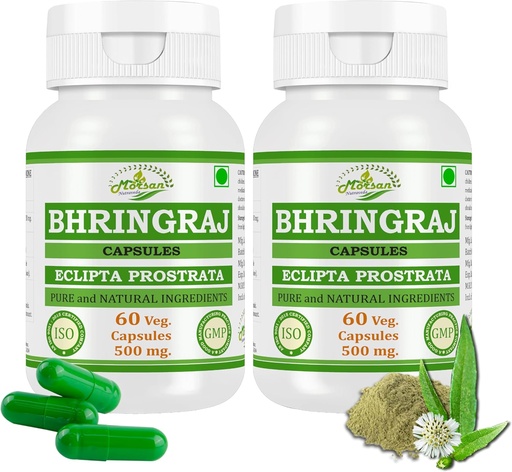 [BRSROAI6DICA4H3U] Bhringraj (Eclipta Prostrata) kapsulak gizonentzat eta emakumeentzat | Premium Ayurvedic Herbal osagarria | 500 mg zerbitzariko | 60 Veggie kapsulak | Bhringraj landare naturalarekin egina | 2 x 60 kapsula