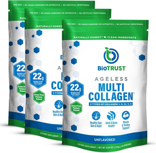 [BRSW2CYOOUNWAYLG] BioTrust Ageless Multi Collagen Peptides Powder – 5 Arten (I, II, III, V, X) – Unflavored Collagen Powder for Women & Men – Hydrolyzed Protein – Grass Fed Beef, Fish, Chicken, Eggshell Membrane, 3-pk