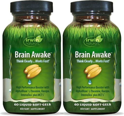 [BRSRMAALCEIA2AYV] Irwin Naturals Brain Awake - 60 Liquid Softgels, Pack of 2 - Enhanced Mental Performance, Increased Focus, Clarity & Concentration - Nootropic Booster with L-Theanine, Bacopa, MCTs