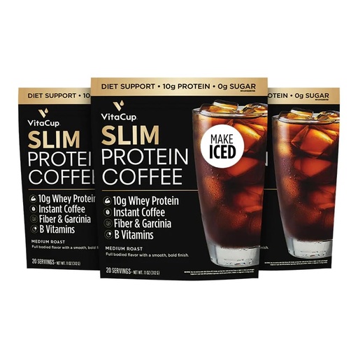 [BRSROAD4BZYB4G3X] VitaCup Slim Protein Coffee Shake for Diet Support, Instant Coffee w/Whey Protein Powder, B Vitamins & Fiber, Dietitian Developed for Performance & Taste, Make as Iced or Shake, 3 Bags