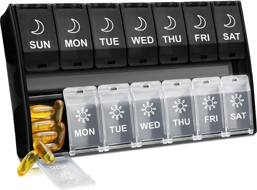 [BRSW2BD3AEOR4ADL] XL Large Pill Organizer 2 Times a Day, Weekly Am Pm Pill Box with Hinged Lids, 7 Day Medicine Vitamin Pill Case, Daily Pill Container, Big Medication Organizer for Supplement
