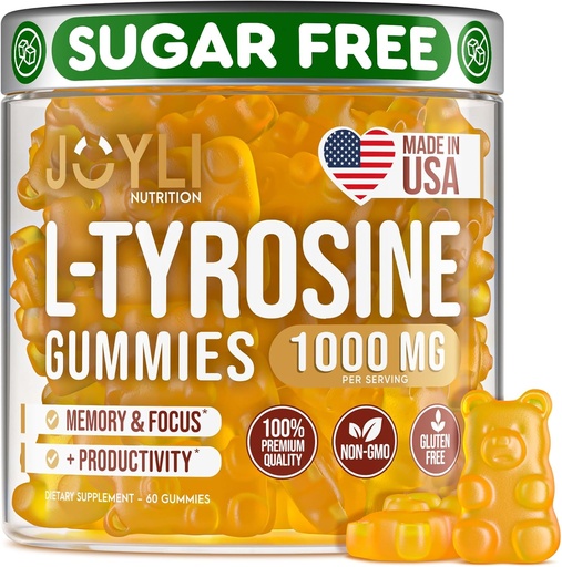 [BRSW2ZYKCQMQYFY4] Joyli L Tyrosine Gummies 1000MG - L-Tyrosine Supplement för barn & vuxna - Calm & Focus Gummies för hjärna, minne, humör och energi - 500mg L- Tyrosinpulver per Gummy - Vegan, Gluten-Free